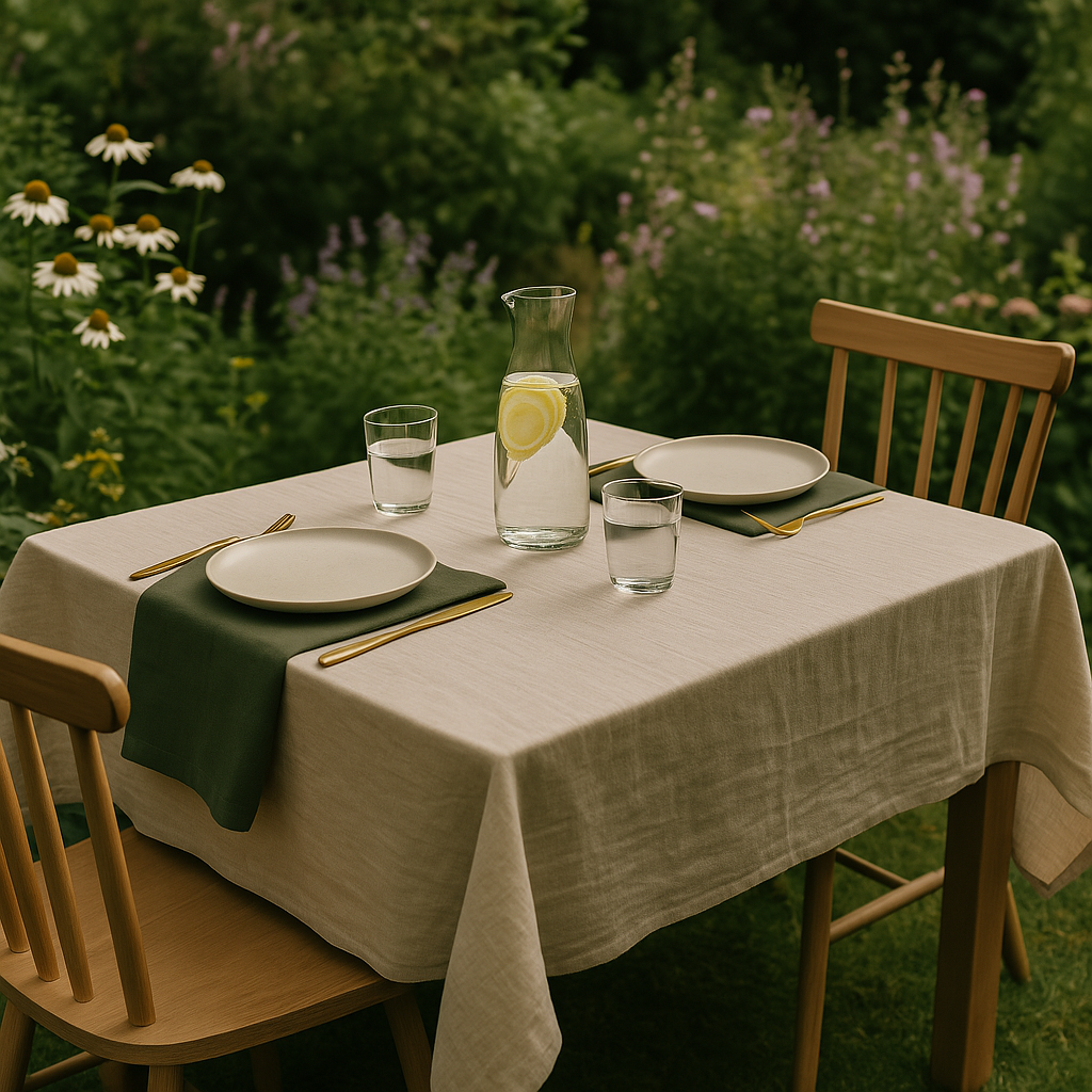 A beautifully set outdoor dining table with a neutral tablecloth, two plates, a pitcher of water with lemon slices, and two glasses, surrounded by lush flowers.