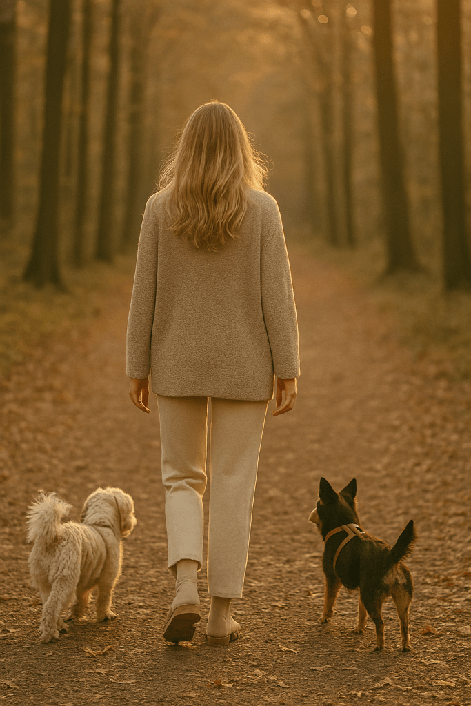 person walking in the forrest with two little dogs