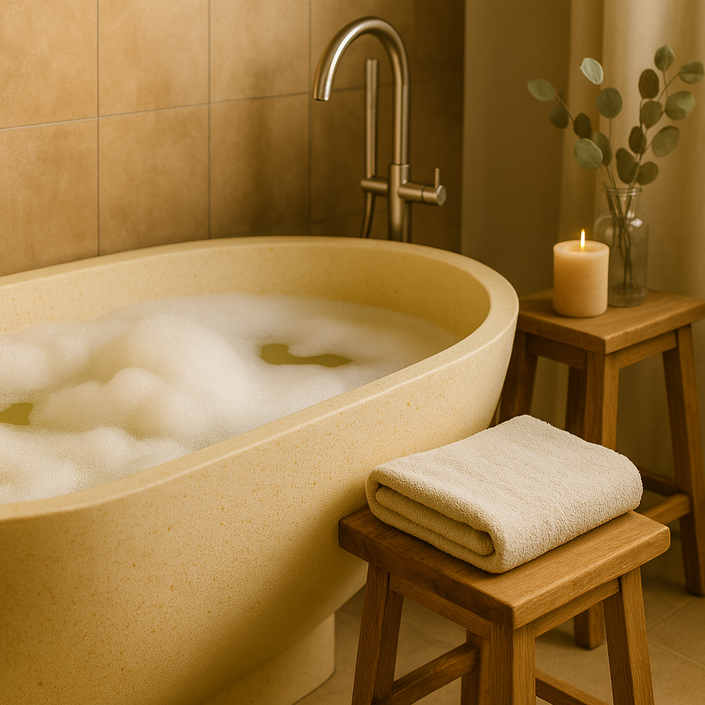 Warm cozy bathroom with a candle and a towel.