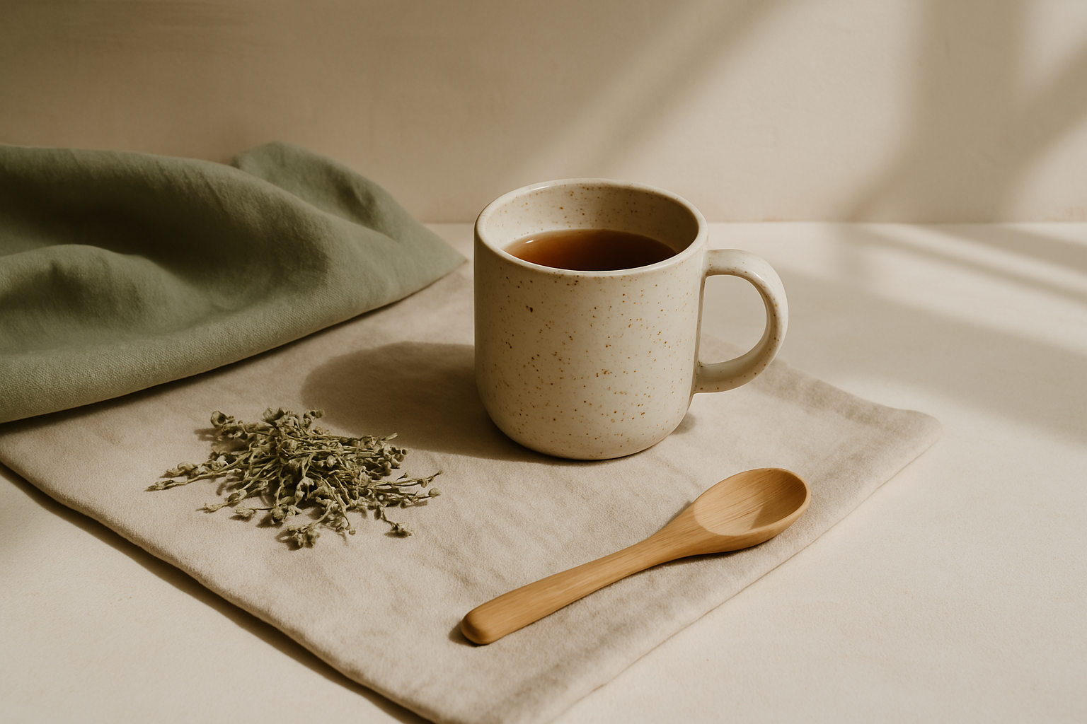 tea cup with linnen napkin and wooden spoon