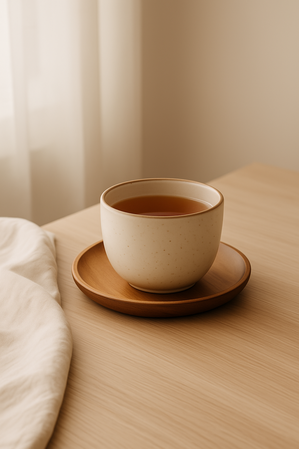 cup of tea with a wooden coaster